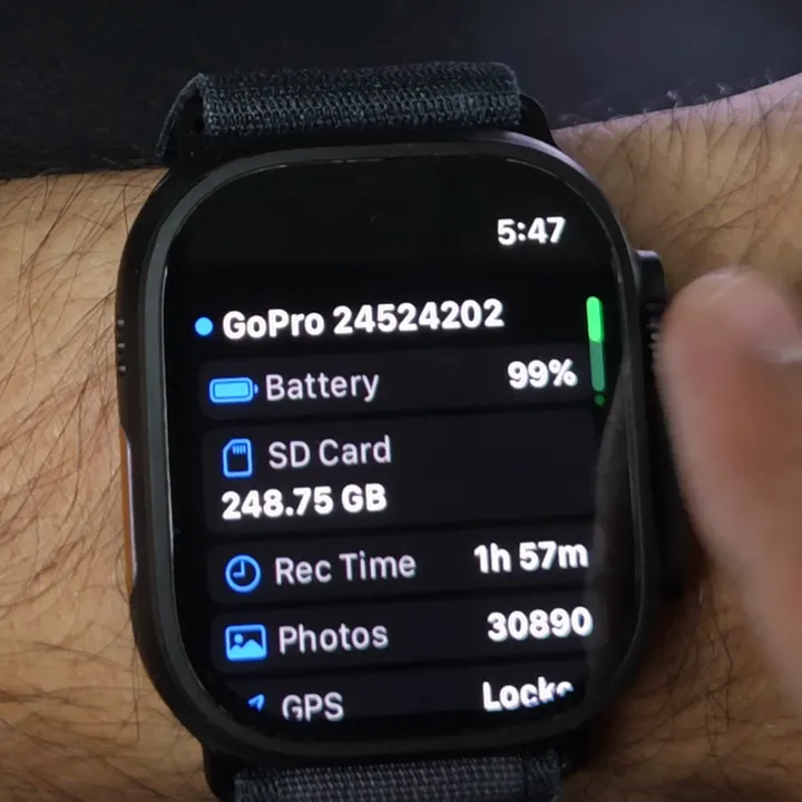 Overcrank status page: battery 99%, SD card 248.75 GB, 1h 57m recording time, GPS locked