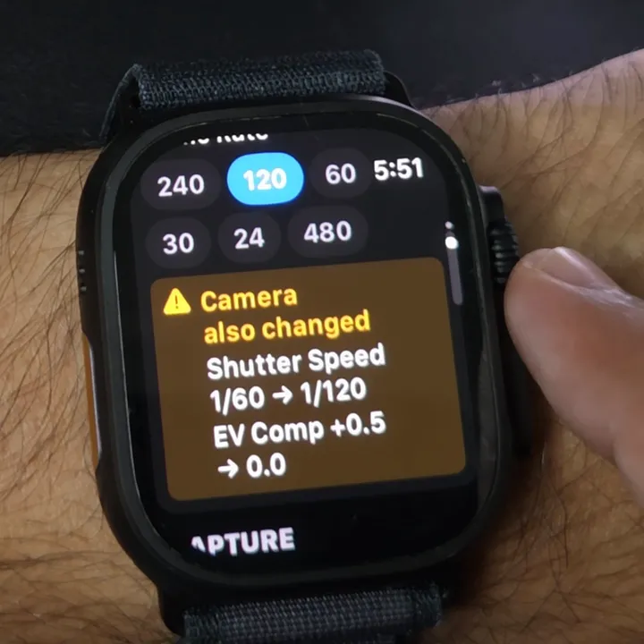 Apple Watch banner: Camera also changed, Shutter Speed 1/60 to 1/120, EV Comp +0.5 to 0.0