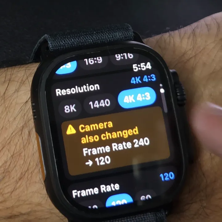 Apple Watch with Resolution 4K 4:3 selected and the banner Frame Rate 240 to 120