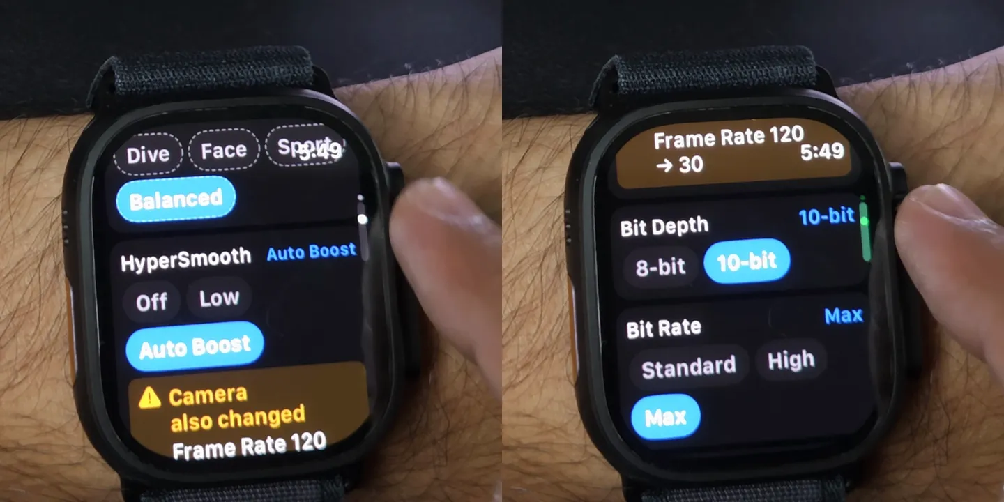 Two Apple Watch frames: HyperSmooth set to Auto Boost, then the banner Camera also changed, Frame Rate 120 → 30