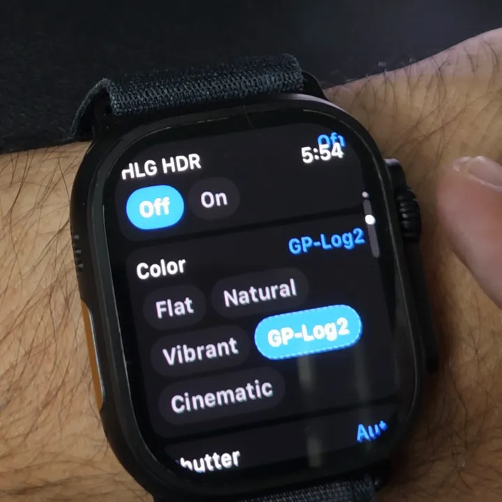 MISSION 1 Pro color settings on Apple Watch with GP-Log2 selected